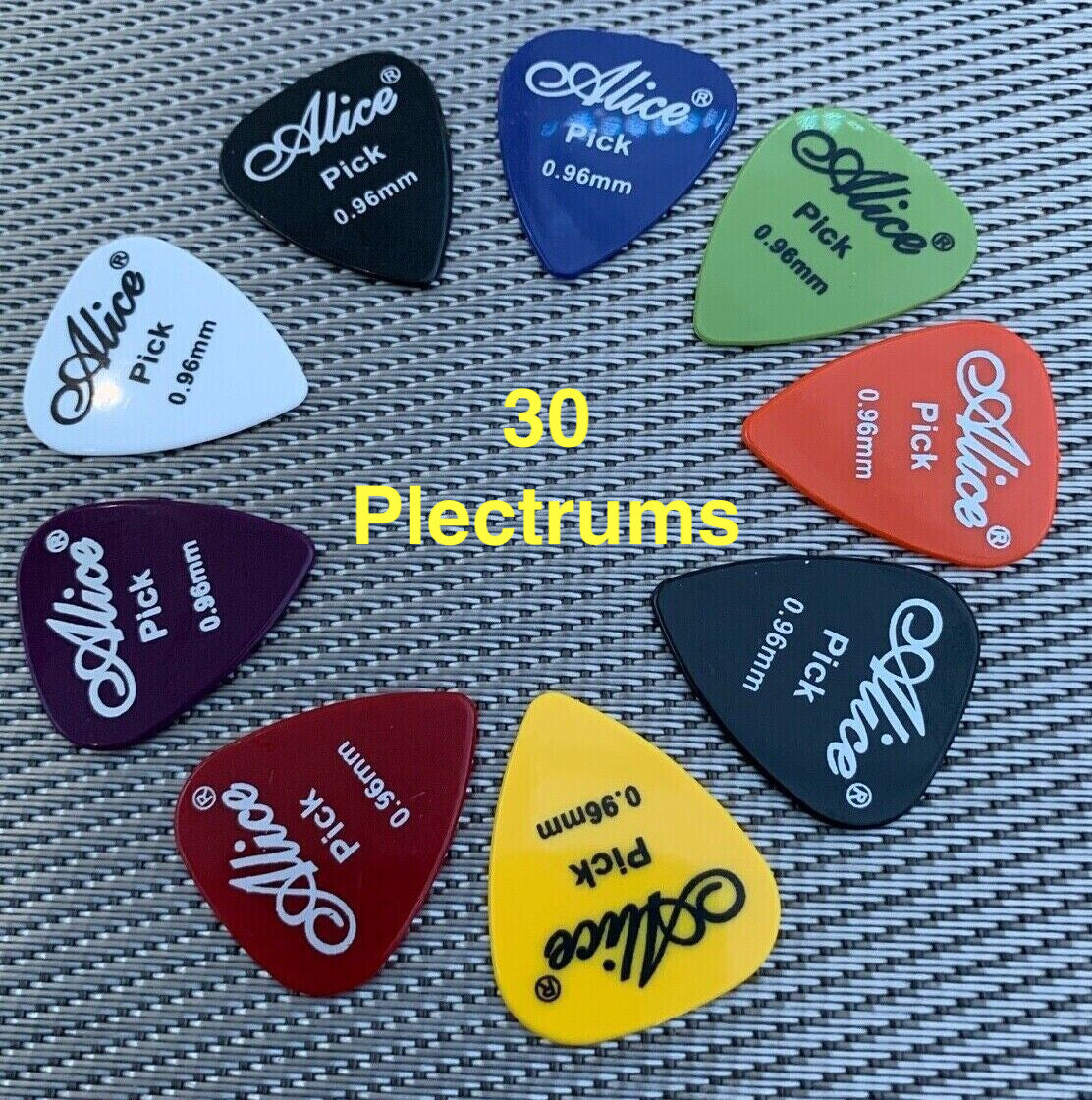Set of Alice guitar picks in various colors on a textured surface.