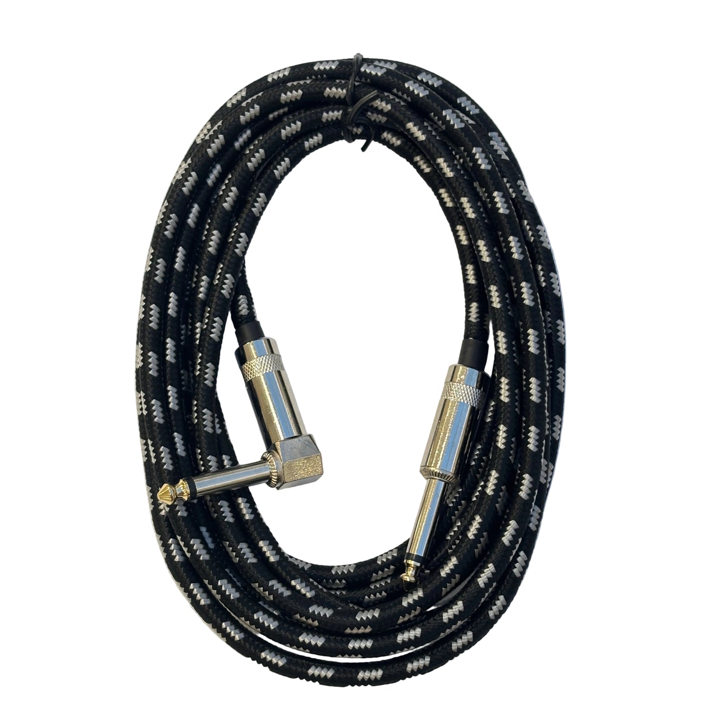 Black and white braided guitar cable with angled connectors on a light grey background