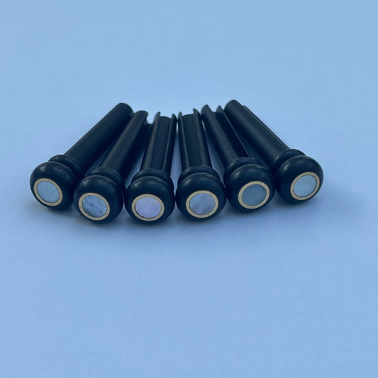 6 Ebony Acoustic Guitar Bridge Pins - Brass Ring & Mother of Pearl Dot Inlays | Guitars Limited