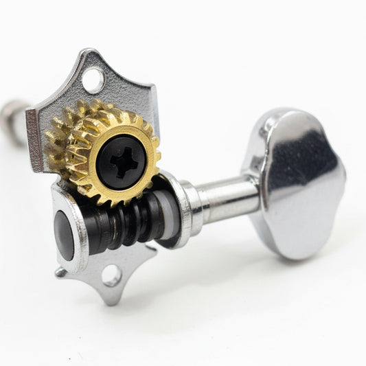 Chrome Grover/Gotoh-style acoustic guitar vintage open back guitar tuner on a white background.