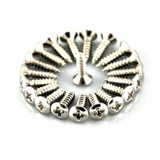 Circular arrangement of Chrome Guitar Pickguard screws screws on a white background.