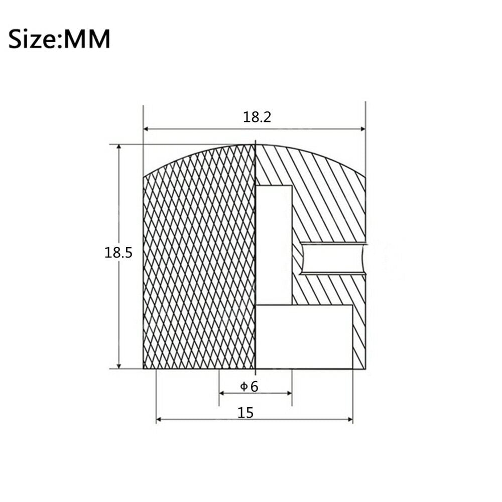Technical drawing of an electric guitar control knob with dimensions on a white background.