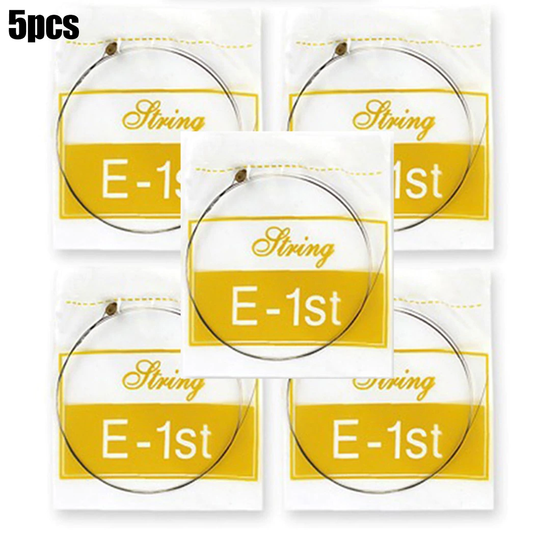 Five Acoustic Guitar High E Strings on a white background.
