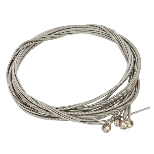 Set of four roundwound Bass Guitar strings with a coiled section on a white background.