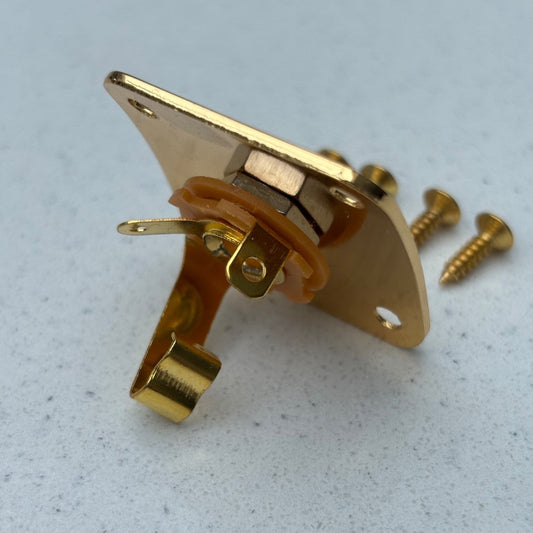 Gold electric guitar Jack Plate and Socket LP-style photographed from the side on a light grey background.