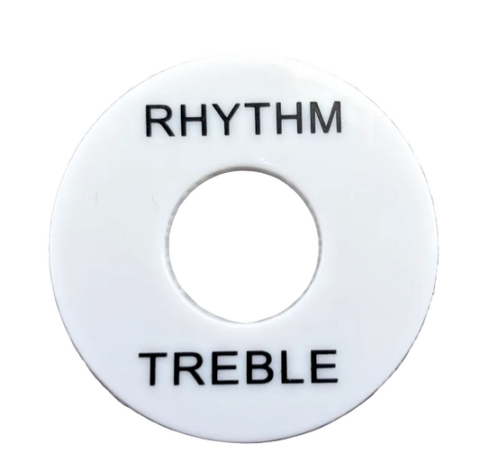 Close-up of a Guitar Toggle Switch /Pick Up Selector Surround Plate in white with black text on a white background.