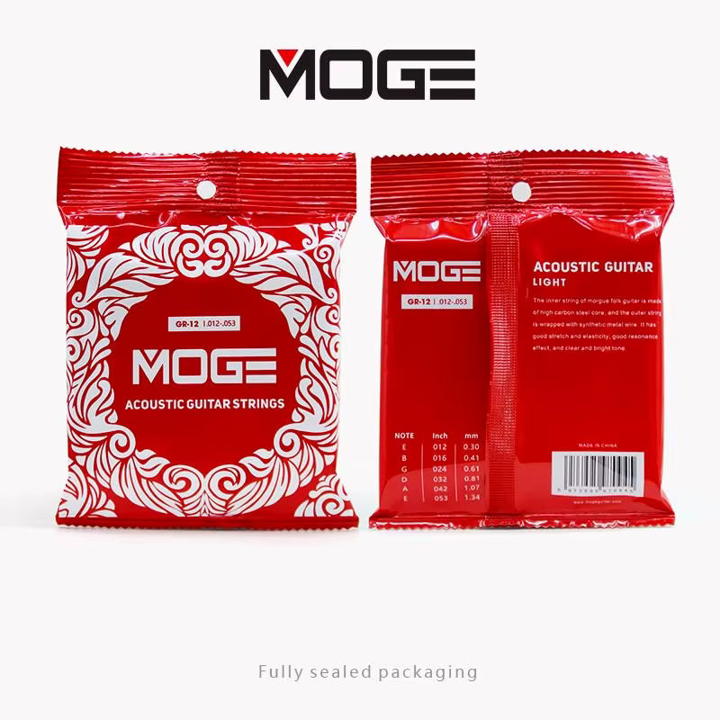 Two red packages of MOGE acoustic guitar strings on a white background
