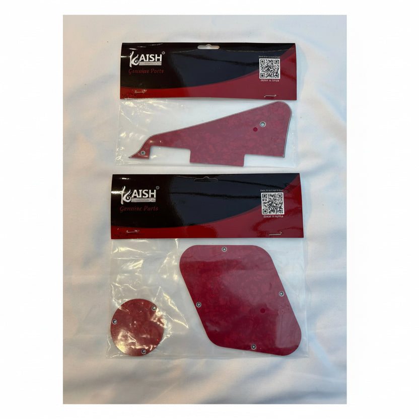 Red pearl pickguard set, LP-compatible, on a white surface.