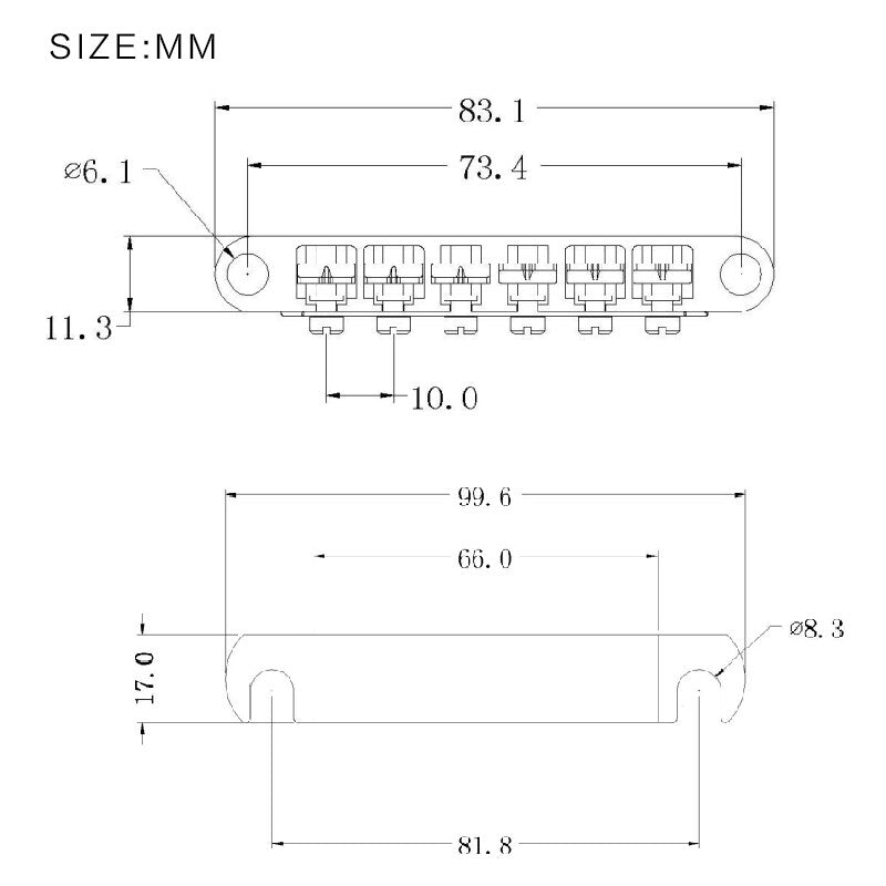 Technical drawing of an electric guitar bridge.