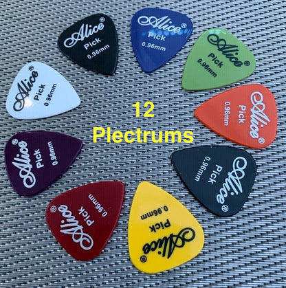 Alice guitar picks in various colours on a textured surface.