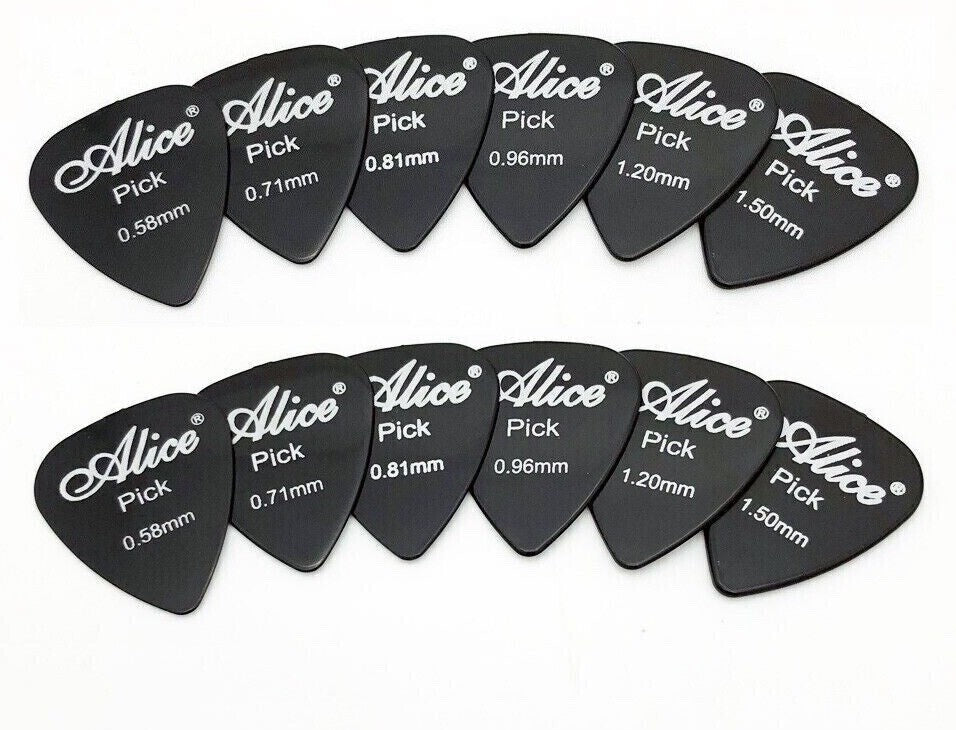 Set of black Alice guitar picks with varying thicknesses on a white background