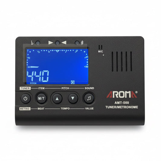 Aroma AMT-560Guitar Tuner / Metronome on a white background.