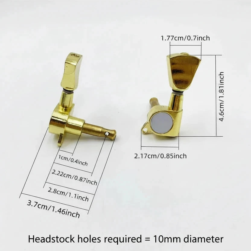 Gold guitar tuners with Keystone measurements on a white background Tulip Buttons with dimensions on a white background.