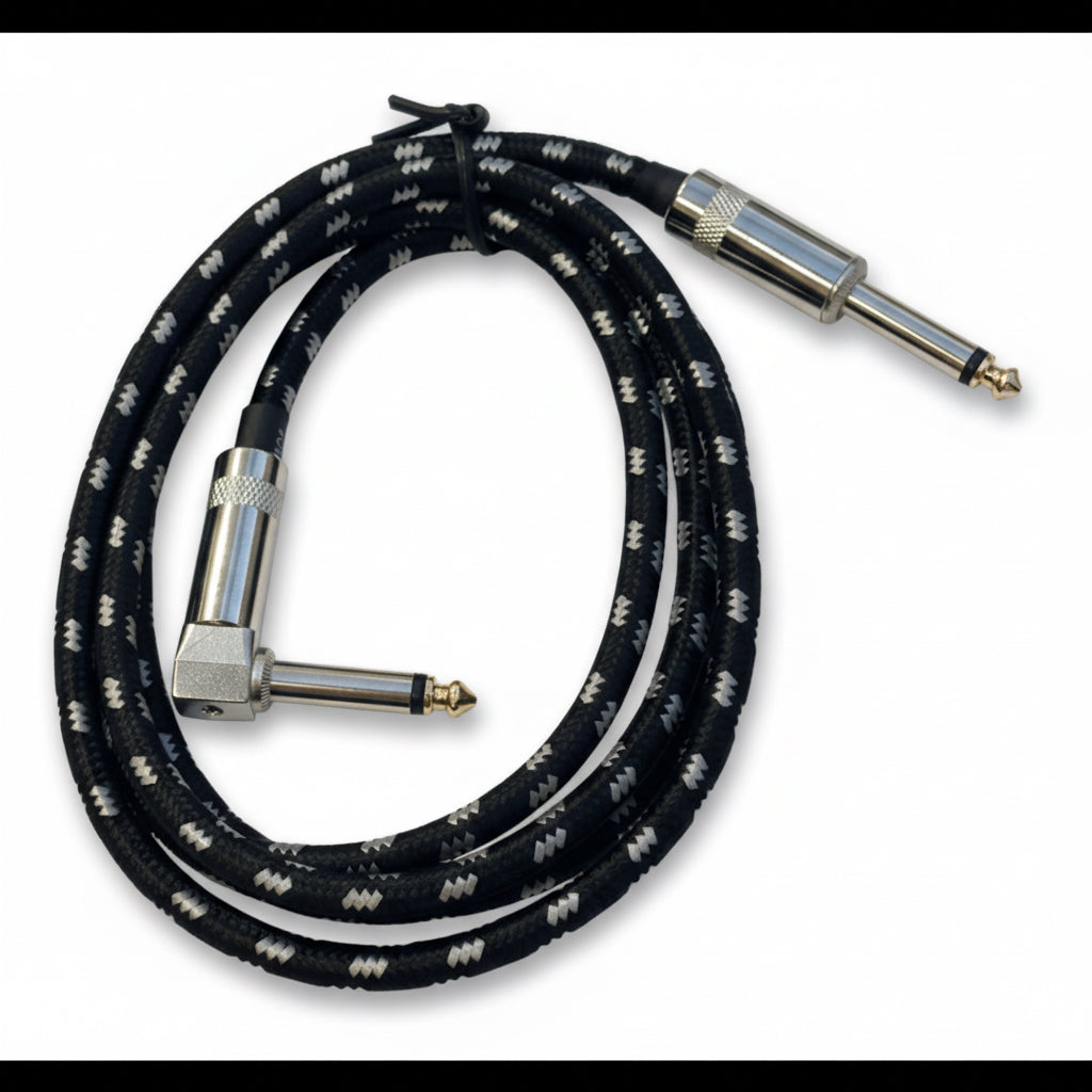 Black and silver guitar cable with right-angle connectors on a light grey background