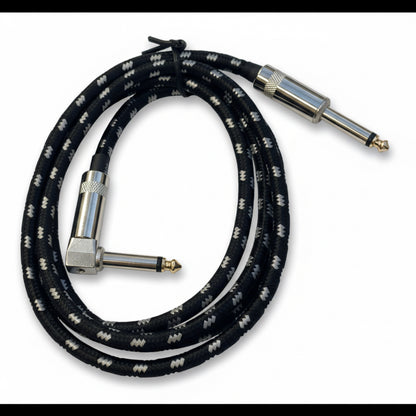 Black and silver guitar cable with right-angle connectors on a light grey background