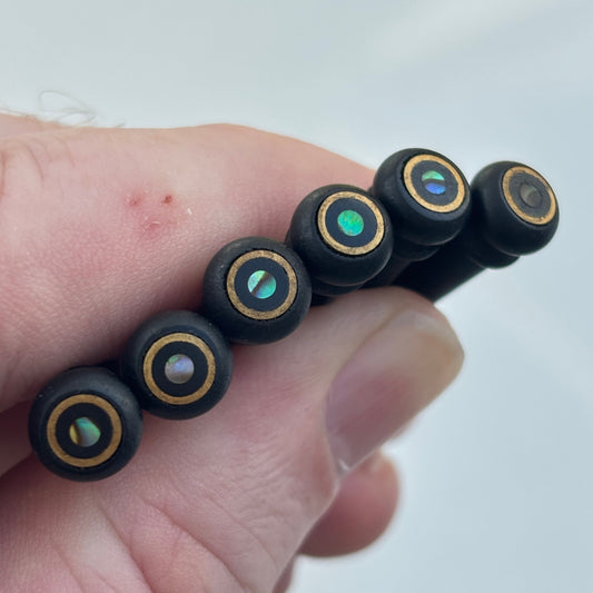 6 Ebony Acoustic Guitar Bridge Pins - Brass Ring & Abalone Dot Inlays | Guitars Limited