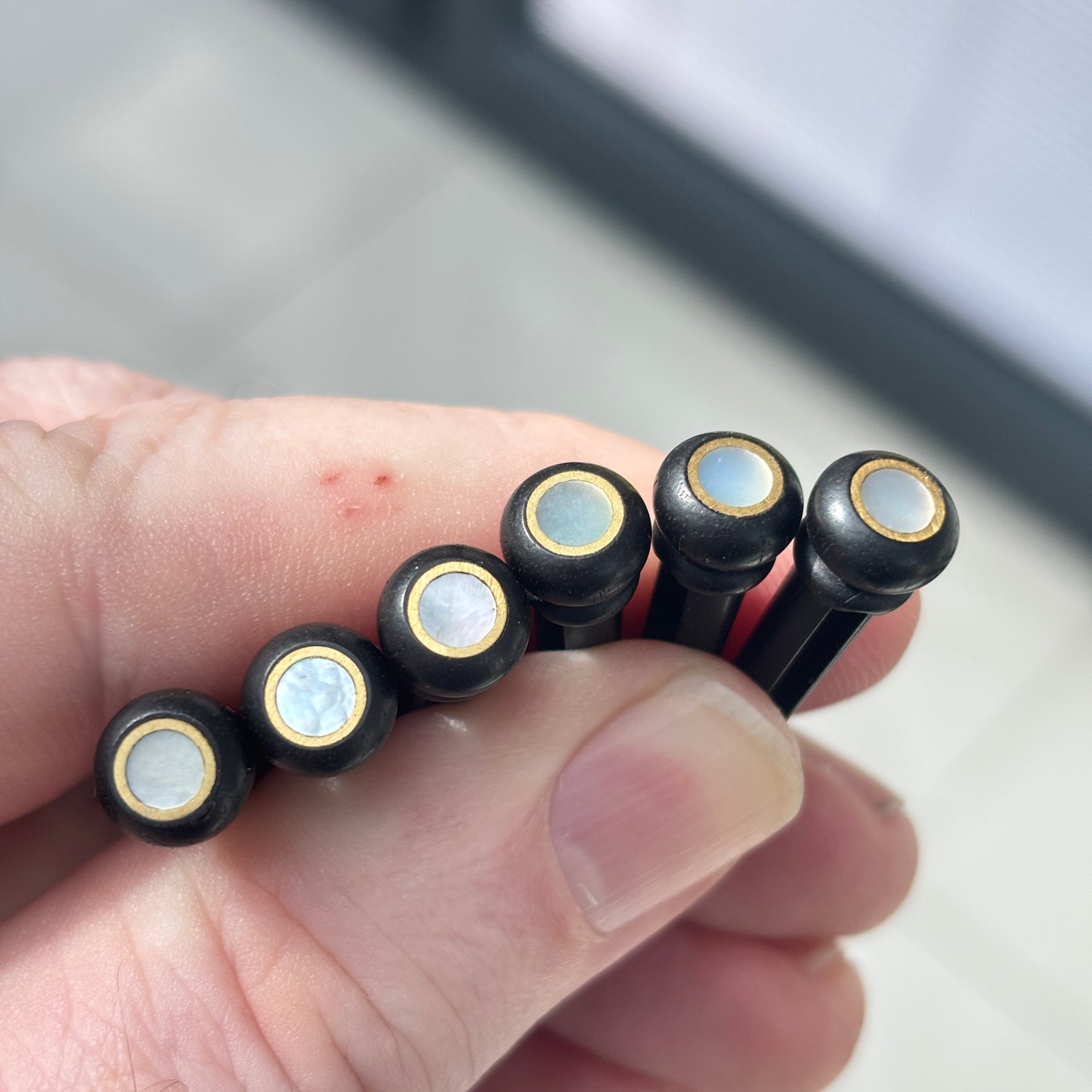 6 Ebony Acoustic Guitar Bridge Pins - Brass Ring & Mother of Pearl Dot Inlays | Guitars Limited