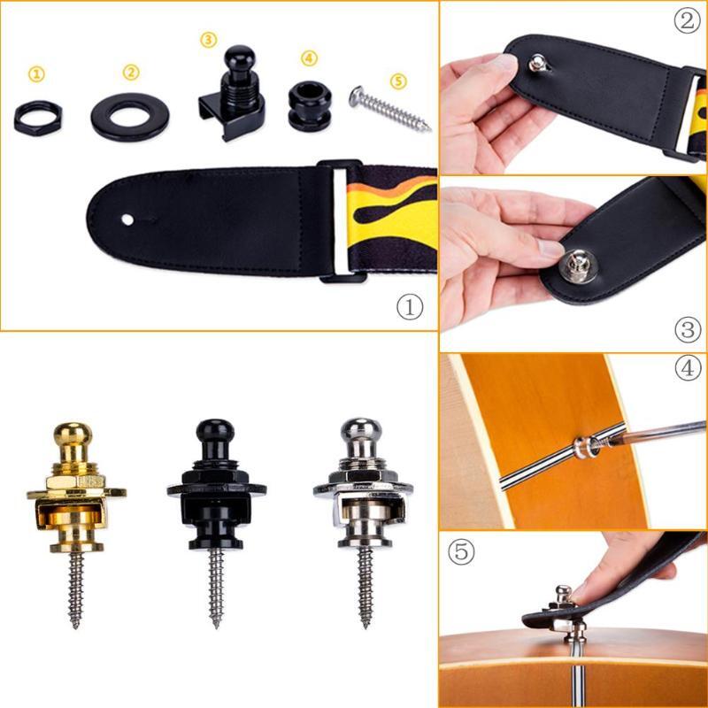 Schaller-type Guitar Strap Lock assembly parts and installation process on a white background.