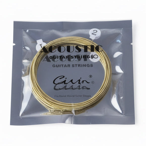 Acoustic guitar strings in a clear package on a wooden surface