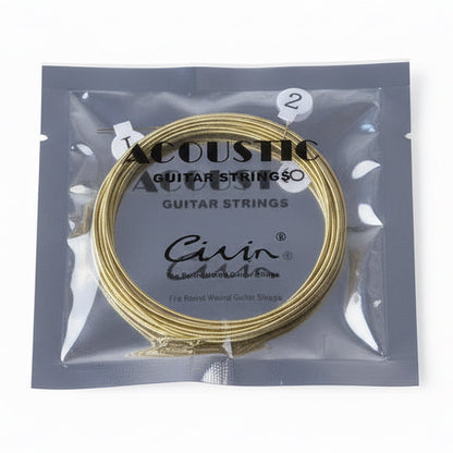 Acoustic guitar strings in a clear package on a wooden surface