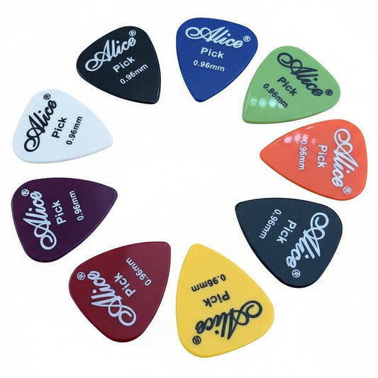 Set of colourful Alice guitar picks on a textured surface