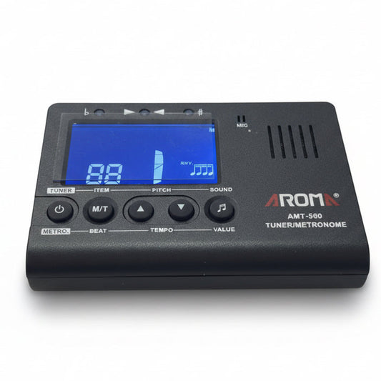 Black digital tuner / metronome with blue display on a white background.