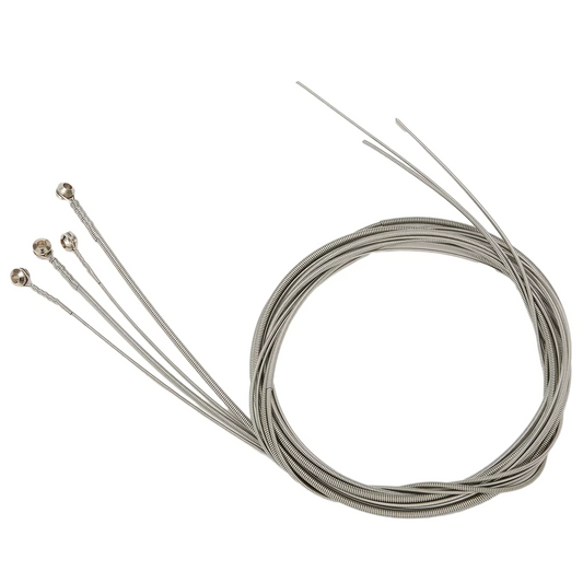 Set of four roundwound Bass Guitar strings with a coiled section on a white background
