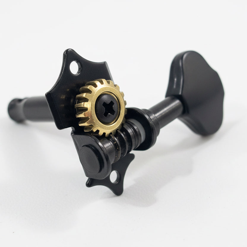 Black Grover/Gotoh-style acoustic guitar vintage open back guitar machine head on a white background.