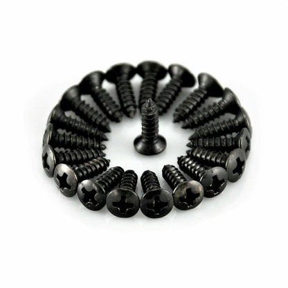 Circular arrangement of Black Guitar Pickguard screws screws on a white background.