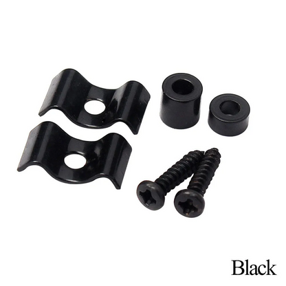 A pair of Black Guitar String Trees / Retainers on a White background.