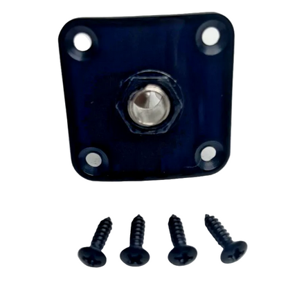 Black electric-guitar Jack Plate and Socket LP-style photographed from the front on a white surface.
