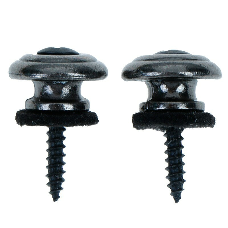 A pair of Black Mushroom Guitar Strap Buttons on a White background.