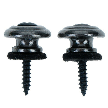 A pair of Black Mushroom Guitar Strap Buttons on a White background.