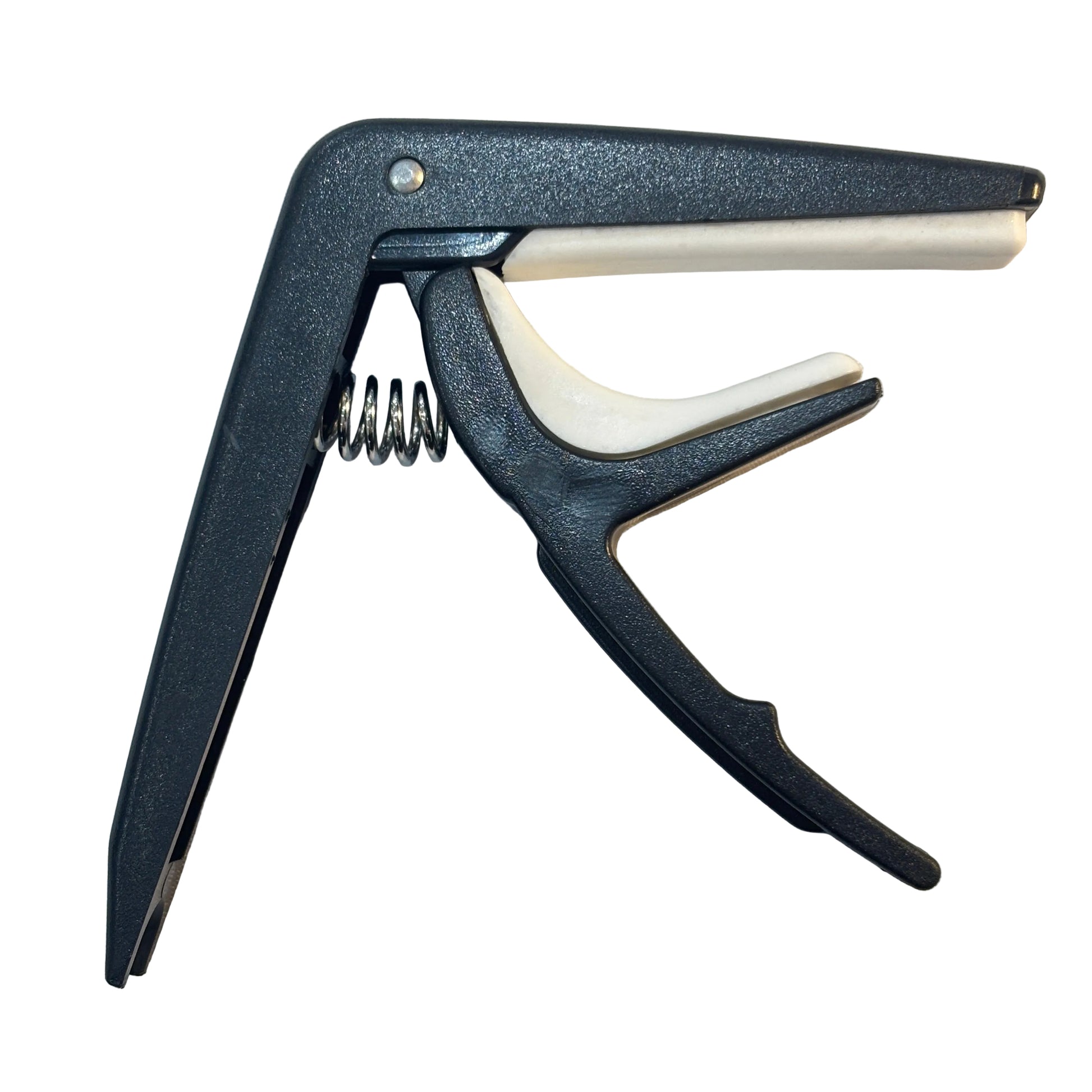 Black guitar capo on a white background