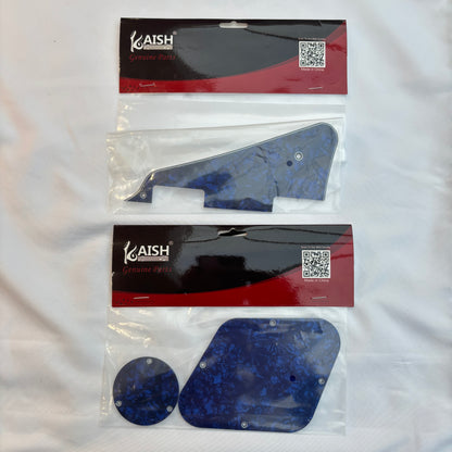 Blue pearl pickguard set, LP-compatible, on a white surface.