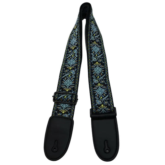 Blue, Yellow and Black Embroidered Guitar Strap on a white background.