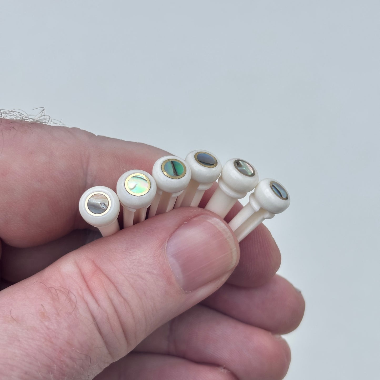 Bone acoustic guitar bridge pins with brass and abalone held in a persons fingers.