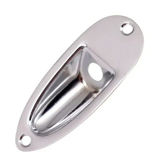 Chrome electric guitar Boat-style Jack Plate on a white background.