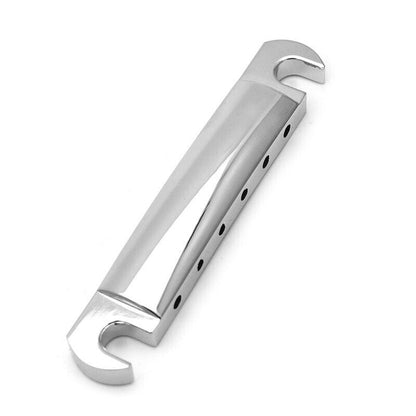 Electric guitar tailbar in chrome colour on a white background.