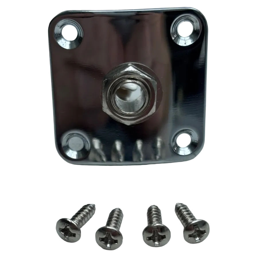 Chrome electric guitar Jack Plate and Socket LP-style photographed from the side on a white background.