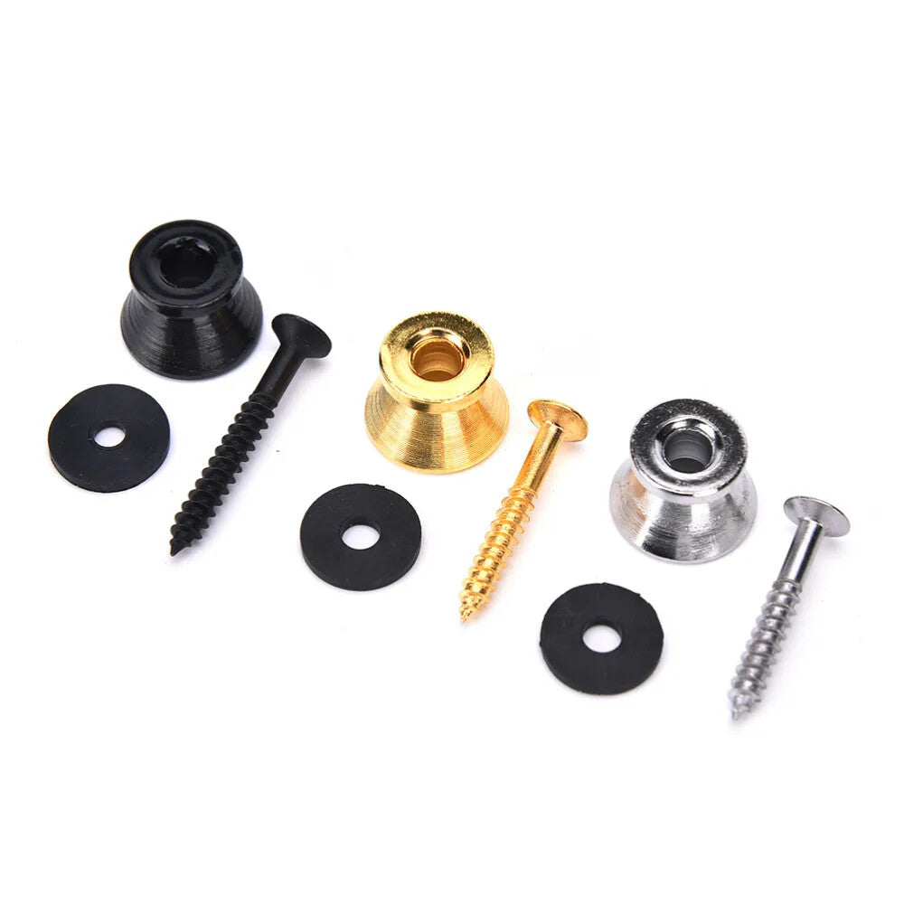 Three Cone/Horn Guitar Strap Buttons in Gold, Chrome and Black on a White background.