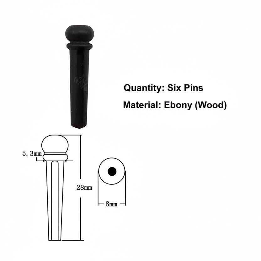 Ebony Guitar Bridge Pins with dimensions on a white background.
