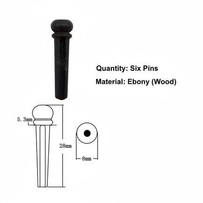 Ebony Guitar Bridge Pins with dimensions on a white background.