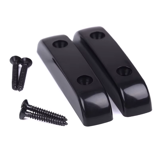 Two Black Bass Guitar Thumb Rests (or 'Tug Bars')  with screws on a white background.