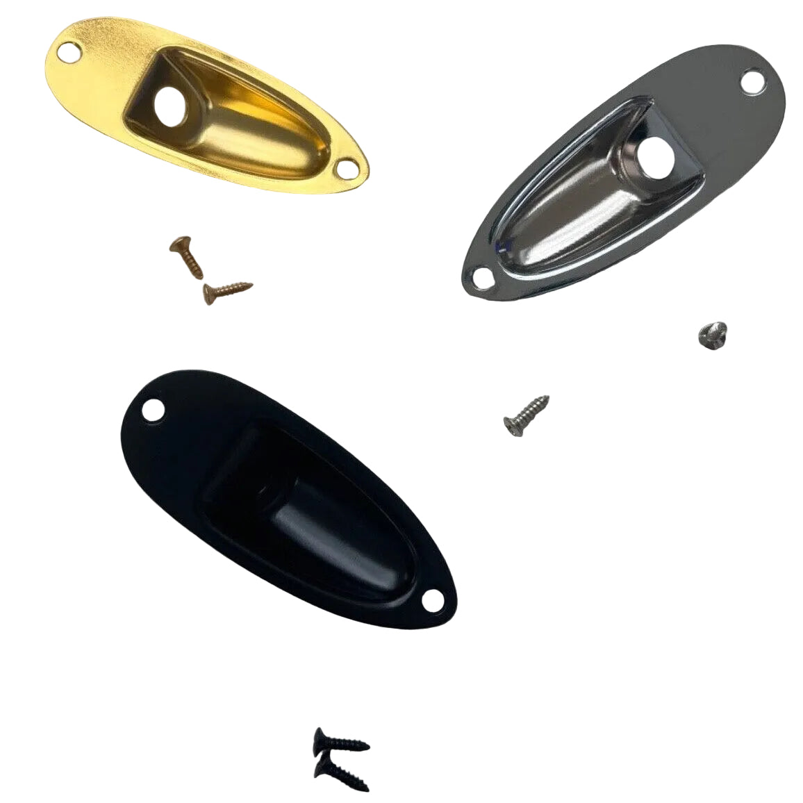 Three electric guitar Boat-style ST-style Jack Plates in Gold, Chrome and Black on a white background.