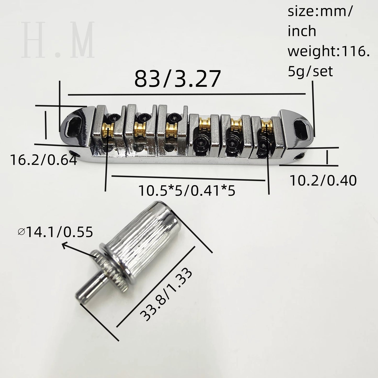 Technical drawing of an electric guitar roller bridge with dimensions.