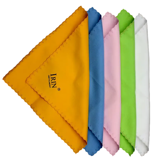 Set of five colorful Guitar Cleaning Cloths with 'IRIN' branding photographed on a black background