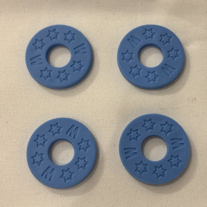 Four Blue Rubber Guitar Strap Locks on a light grey background.