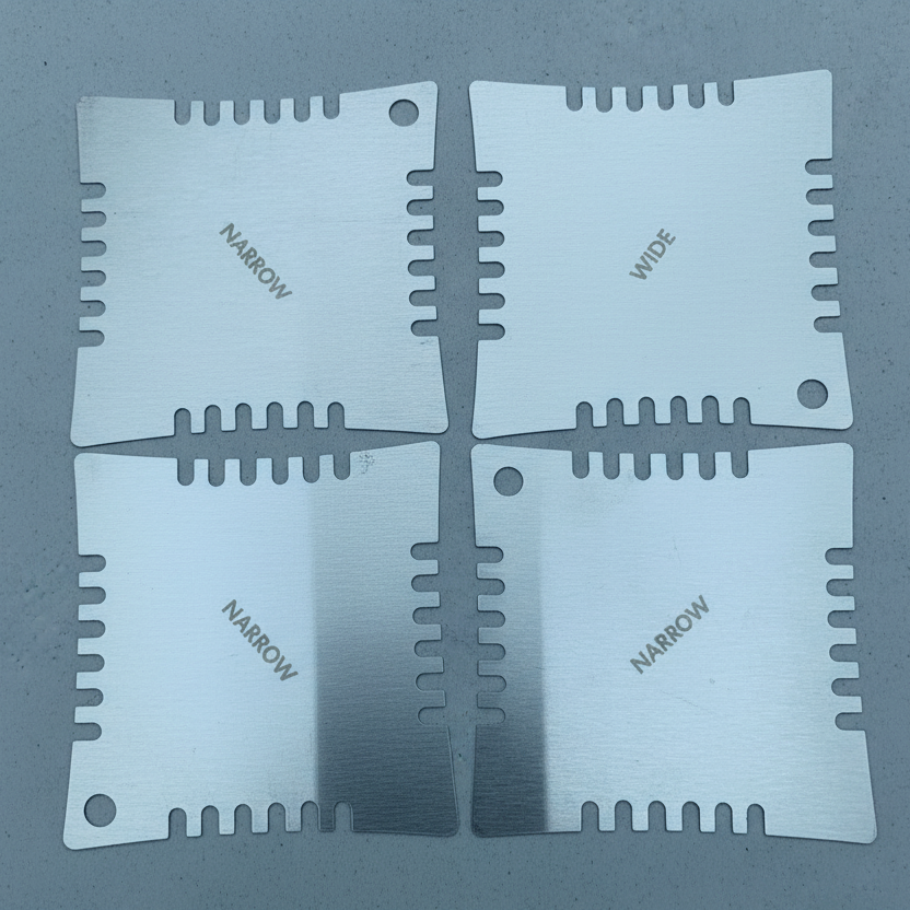 The front of Four Guitar Notched Radius Gauges photographed on a  grey background