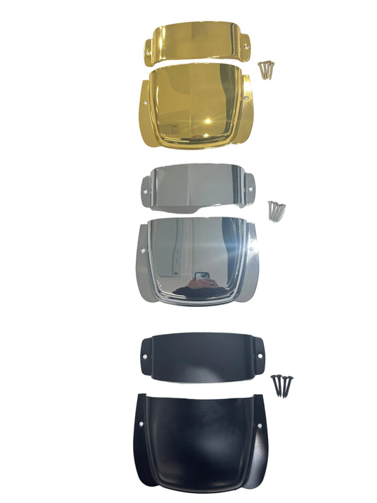 Gold, Chrome and Black Bass Guitar Bridge and Pickup Covers on a White background.